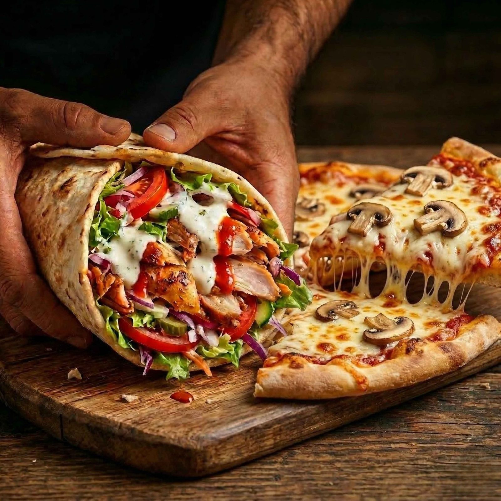 Kebab in pita con verdure fresche e salse, accanto a una pizza ai funghi con mozzarella filante
